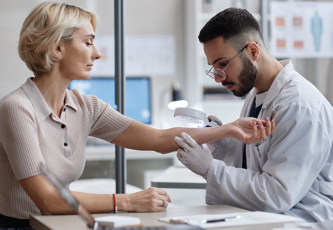 Doctor checking patient's arm